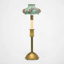 Puffy candle lamp with butterflies by Pairpoint, c. 1915, reverse- and obverse-painted glass, patinated metal, sold Oct 2024
