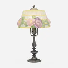 Pairpoint, Puffy boudoir lamp, 1901, reverse-painted frosted glass, patinated metal