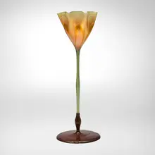 Floriform vase by Tiffany Studios, c. 1900, hand-blown Favrile glass, patinated bronze, sold Oct 2024