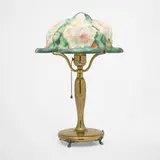Pairpoint, Puffy boudoir lamp with roses, c. 1915, reverse-painted frosted glass, brass