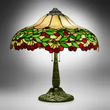 Table lamp with cherries by Gorham & Amboy, c. 1910, leaded glass, patinated bronze, sold Oct 2024