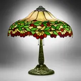 Gorham & Amboy, Table lamp with cherries, c. 1910, leaded glass, patinated bronze