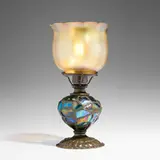 Tiffany Studios, Turtleback candle lamp base, c. 1910, patinated bronze, Favrile glass