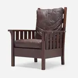 Early fixed-back armchair, model 325 by Gustav Stickley, c. 1902-07, oak, leather, sold Oct 2022