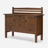 Early sideboard, model 814 by Gustav Stickley, c. 1904, oak, copper, suede leather, sold Oct 2022
