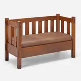 Hall seat, model 3315 by Stickley Brothers, c. 1910, oak, leather, sold Oct 2022