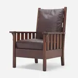 Fixed-back armchair, model 324 by Gustav Stickley, c. 1905-12, oak, leather, sold Oct 2022