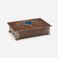 attribution A.E. Jones, Lidded dresser box with blue-green enameled roundel, copper, silver, enamel, velvet