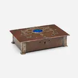 attribution A.E. Jones, Lidded dresser box with blue-green enameled roundel, copper, silver, enamel, velvet