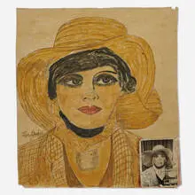 Lee Godie, Tidle _ _ _ Thinking [sic] (Self-Portrait), watercolor, pencil, paint on canvas with photo