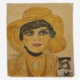 Lee Godie, Tidle _ _ _ Thinking [sic] (Self-Portrait), watercolor, pencil, paint on canvas with photo