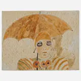 Woman with Umbrella and Daisies by Lee Godie, watercolor, pencil, ballpoint pen on canvas, sold Oct 2022