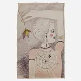 Woman with Spider Web Shirt by Lee Godie, watercolor, pencil, ballpoint pen on canvas, sold Oct 2022