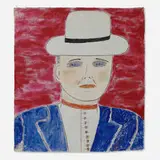 Man in a Hat by Lee Godie, watercolor, pencil, ballpoint pen on canvas, sold Oct 2022