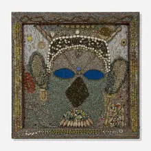 Simon Sparrow, Untitled (Face), mixed media with found objects on wood