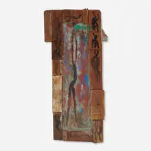 A Figure with Figures by Purvis Young, mixed media on canvas and wood, sold Oct 2022