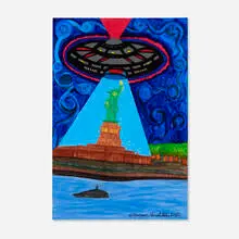 Ionel Talpazan, UFO Abduction of the Statue of Liberty, 2012, mixed media on board