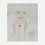 Lee Godie, Woman in Striped Hat with Grapes, ballpoint pen and paint on canvas