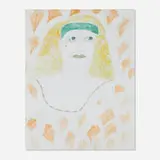 Lee Godie, Woman in Green Headband with Orange Leaves, paint and ballpoint pen on canvas