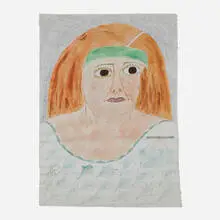 Woman with Green Headband by Lee Godie, c. 1985, paint and ballpoint pen on canvas, sold Oct 2022