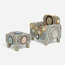 David Philpot, Who's Watching Who / Time Chair and Ottoman, 2001, mixed media, found objects adhered to fiberglass chair and ottoman