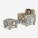 David Philpot, Who's Watching Who / Time Chair and Ottoman, 2001, mixed media, found objects adhered to fiberglass chair and ottoman