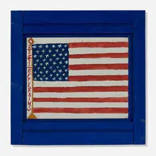 Flag by B.F. Perkins, 1992, paint on canvas, wood, wire, sold Oct 2022