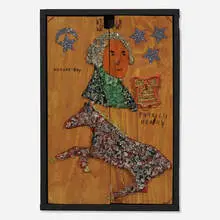 Baltimore Glassman, Nature Boy, Patrick Henry, cut glass, glitter, found objects and marker on wood