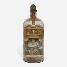 Carl Worner, Kriesman, Expert Shoemaker (Diorama Whimsy Bottle), glass, carved wood, paper, paint, pencil