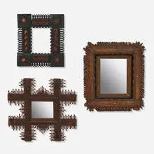 Tramp Art, Frames, collection of three, wood, velvet, mirror