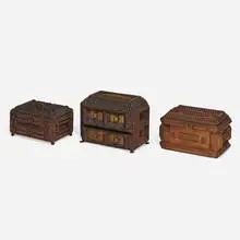 Tramp Art, Boxes, collection of three, wood, varnish, velvet, tack heads, felt, mirror, nails