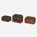 Tramp Art, Boxes, collection of three, wood, varnish, velvet, tack heads, felt, mirror, nails