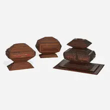 Tramp Art, Boxes, collection of three, chip-carved and layered wood, varnish, paint and metal