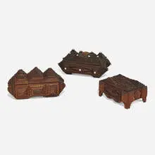 Tramp Art, Boxes, collection of three, wood, varnish, velvet and composite buttons