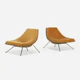 A.J. Donahue, Winnipeg lounge chairs, c. 1949, bent and molded plywood, fabric, brass-plated metal, rubber