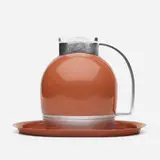 Henry Dreyfuss, carafe and tray, model 549, 1936, aluminum, enameled steel, stainless steel, rubber, glass