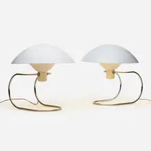 Anywhere table lamps, pair by Greta von Nessen, 1952, enameled aluminum, chrome-plated steel, sold Nov 2020