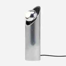 Angelo Lelii, table lamp, model 14082, c. 1969, stainless steel, chrome-plated steel