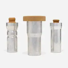 Peter Schlumbohm, Fahrenheitor cocktail shakers, set of three, 1943, spun aluminum, cork