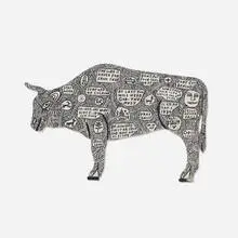 Untitled (Bull) by Howard Finster, 1989, enamel and marker on wood, sold Nov 2020
