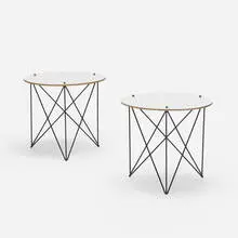 occasional tables, pair by Modern, c. 1950, enameled steel, laminate over pressboard, brass, sold Nov 2020