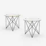 occasional tables, pair by Modern, c. 1950, enameled steel, laminate over pressboard, brass, sold Nov 2020