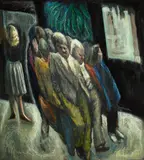 Alek Rapoport, Slanted Figures, 1986, tempera, pastel and oil on masonite