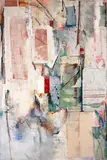 Mary Heebner, Easy on your Heels, 1985, acrylic, watercolor, fabric, paper board and handmade paper collage on canvas