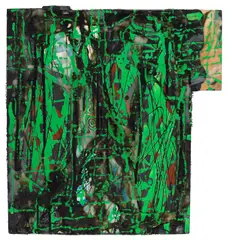 Timeless Answer by Darcy Huebler, 1989, beeswax, tar, pourstone, slate, magazine and acrylic on panel, offered Nov 2007
