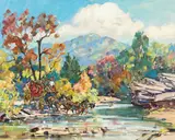 Lee Crossing in the Ozarks, 1982; Military on the Move (2) by Marjorie Reed, oil on canvas board, sold Dec 2007