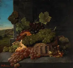 Samuel Marsden Brookes, A Stone Ledge with a Basket of Grapes and Rolling Hills in the Distance, oil on panel