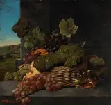 Samuel Marsden Brookes, A Stone Ledge with a Basket of Grapes and Rolling Hills in the Distance, oil on panel
