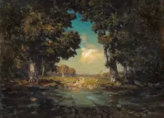 Secluded Pond with a Sunlit Clearing by Julian Rix, oil on canvas on board, sold Dec 2007