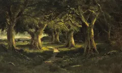 Manuel Valencia, Sunlit Path through the Woods, oil on canvas